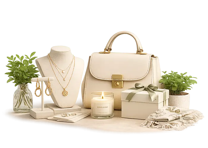 Boutique product display with gifts, accessories, and lifestyle items