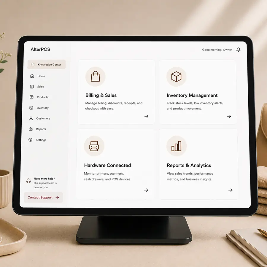 Boutique POS knowledge center with inventory, hardware, and support tools