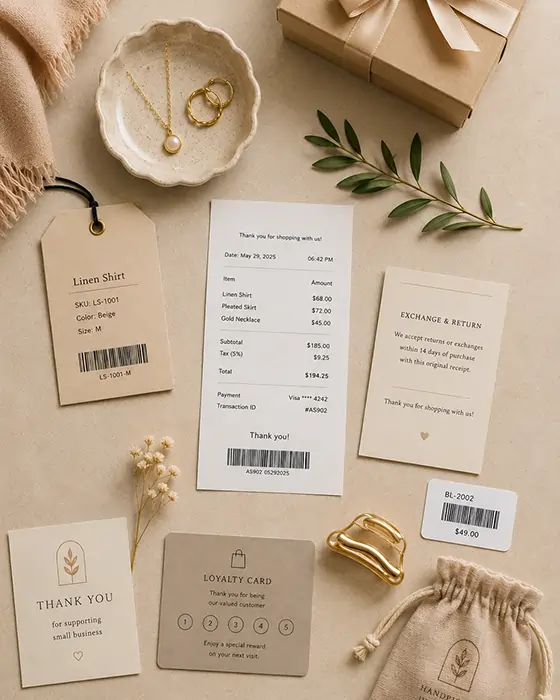 Boutique receipts, returns, and loyalty program materials