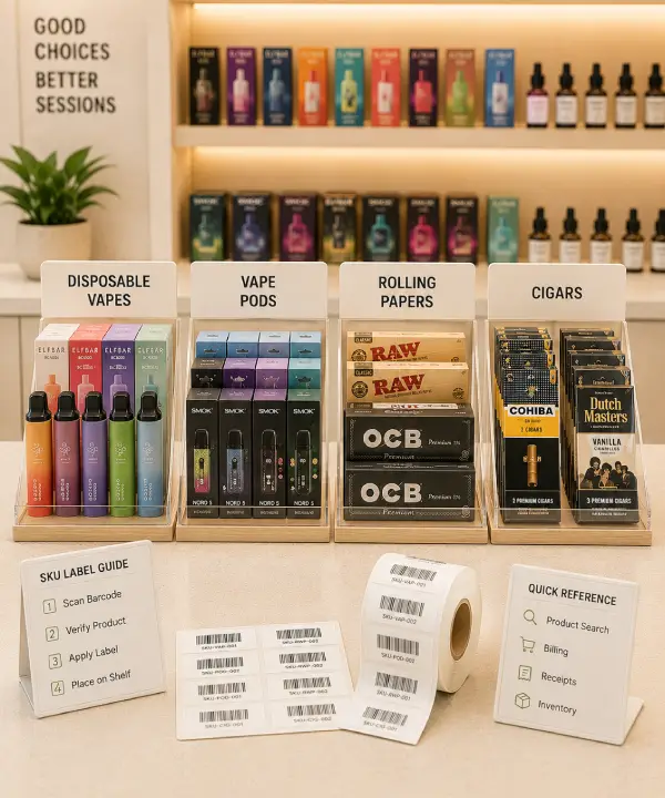 Smoke shop barcode labeling station