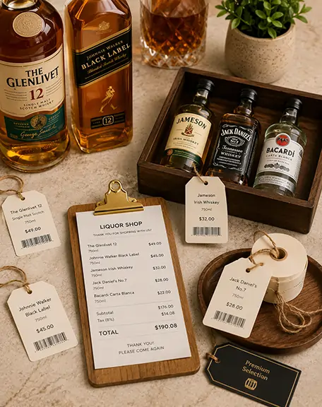 Liquor bottles and price tags