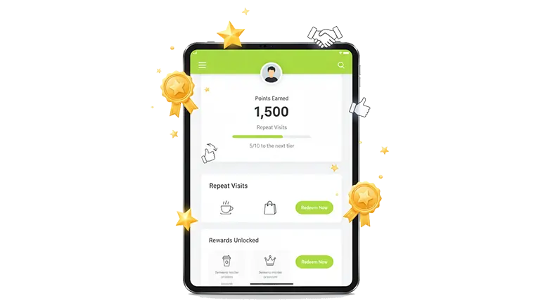 POS tablet displaying loyalty rewards and sales growth