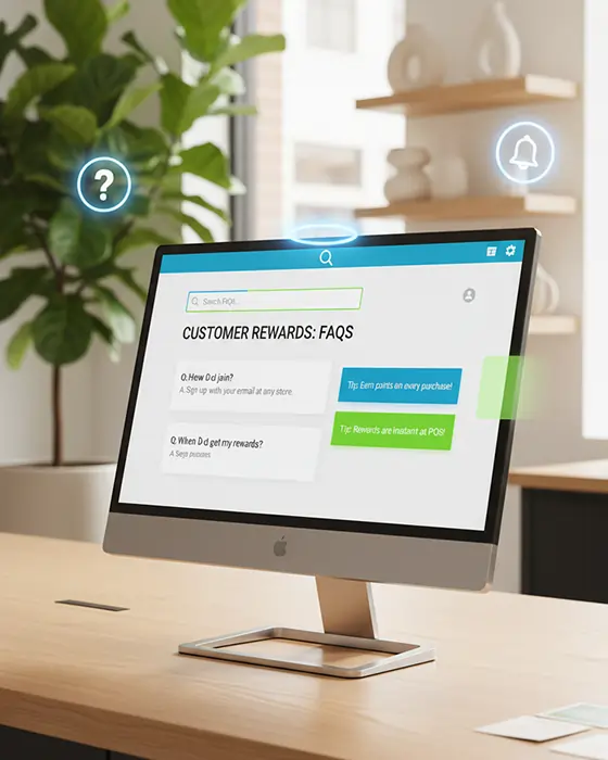 Desktop monitor showing FAQ portal for loyalty program 