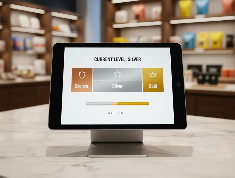  POS tablet displaying tiered loyalty levels