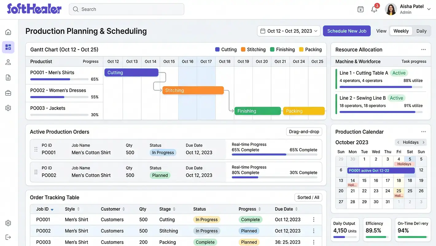 ERP dashboard showing production schedule, tasks, and progress tracking