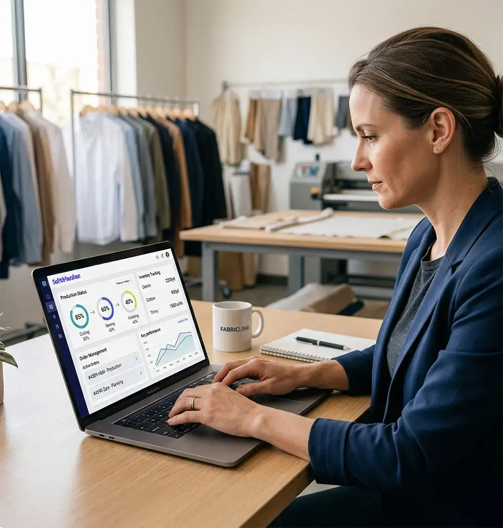 Professional using laptop to manage garment ERP system