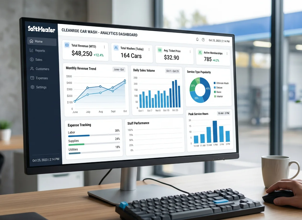 Analytics dashboard in vehicle wash software